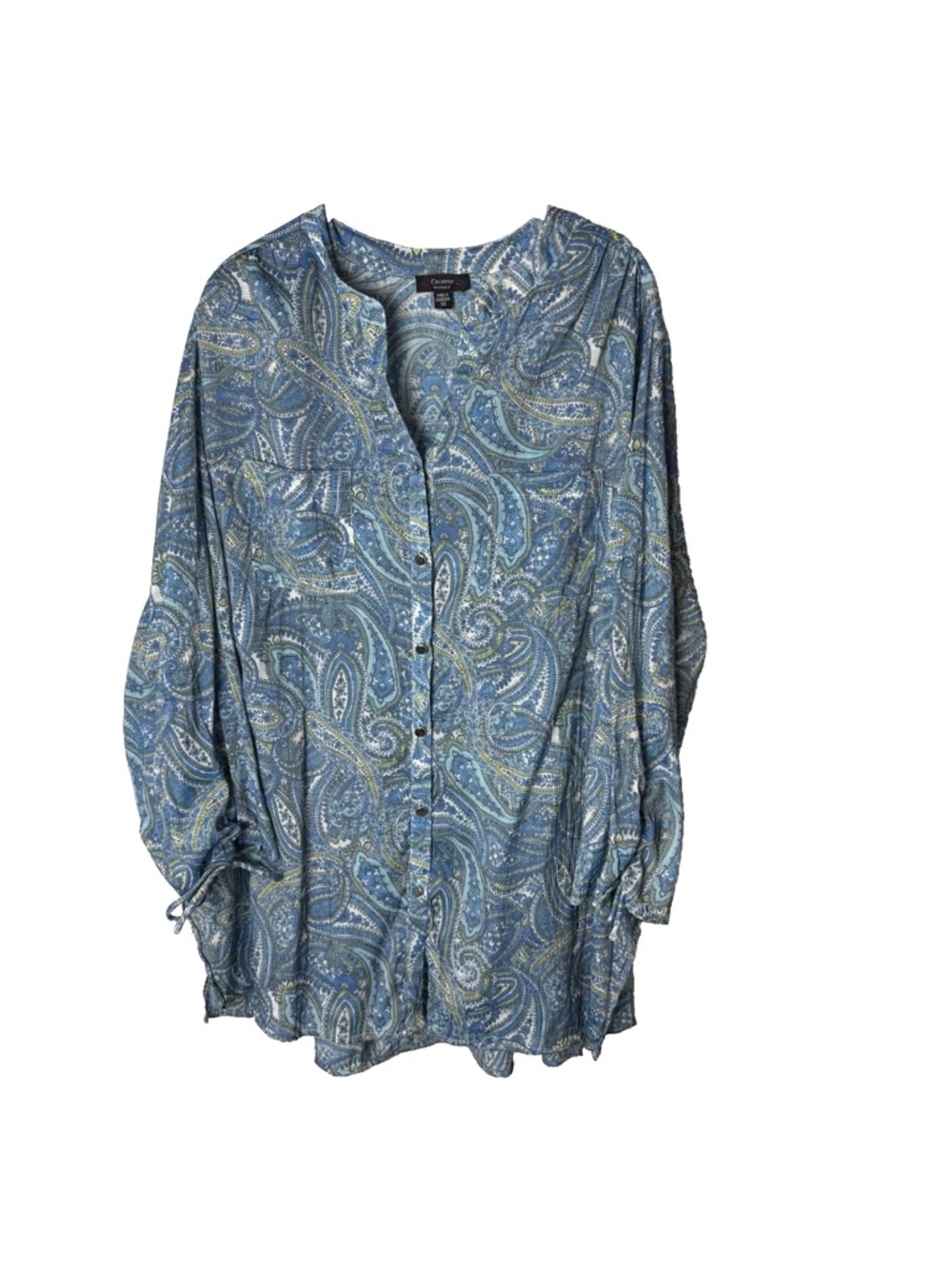 Cocomo Blouse Plus Size 3X Top 3/4 Tie Sleeves Paisley Floral Blue Yellow White